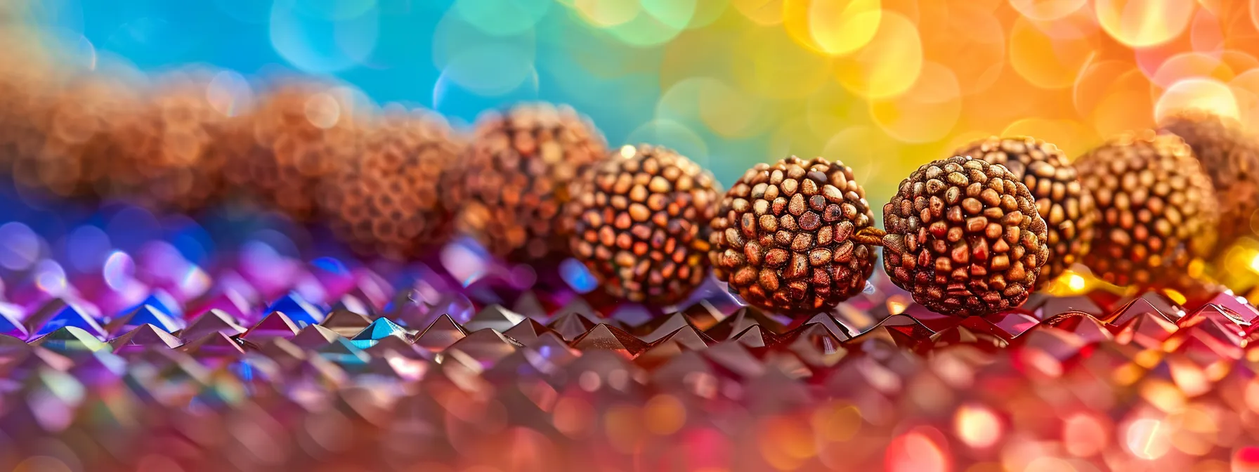 a close-up of shimmering rudraksha beads resting on a colorful chakra chart, radiating a sense of peace and balance.