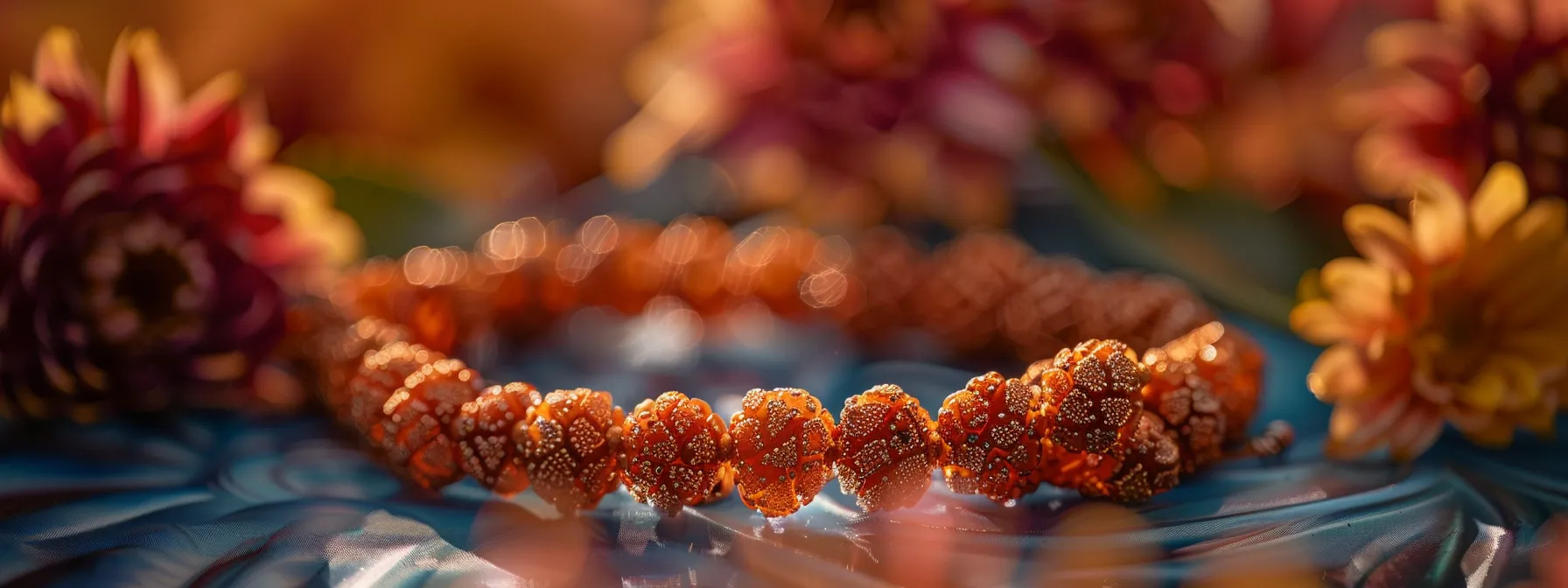 a close-up shot of a vibrant, intricately patterned rudraksha necklace resting on a serene, meditative backdrop.