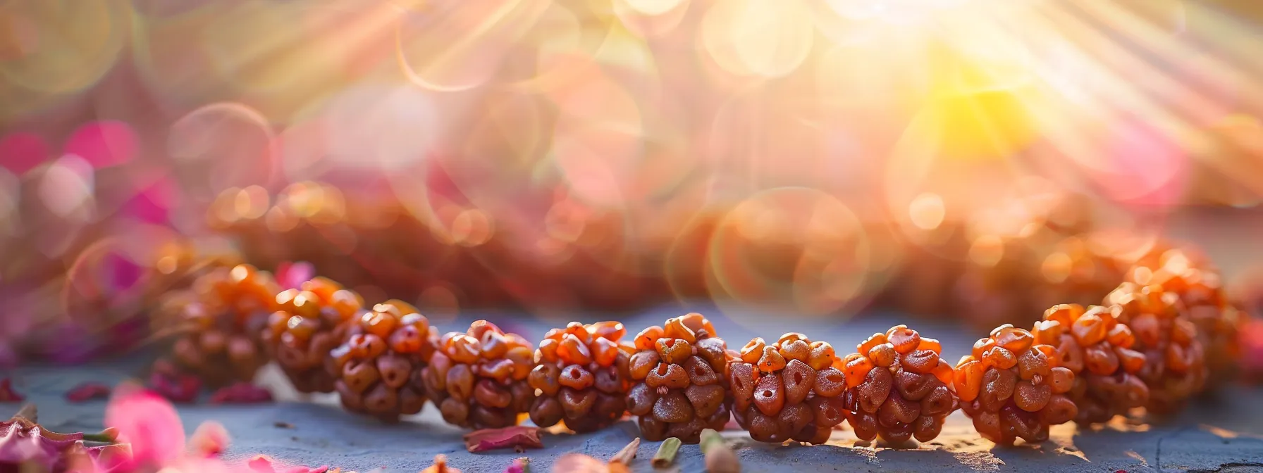 a close-up photo of a vibrant rudraksha bead necklace, exuding a sense of spiritual tranquility and protection.