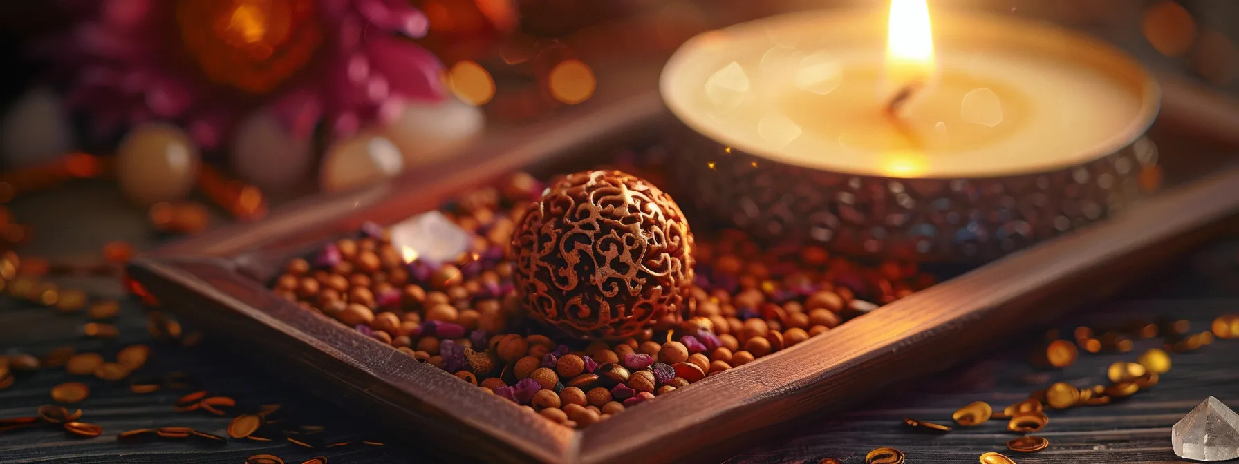 a close-up of a shiny, authentic rudraksha bead resting on a handcrafted wooden tray, surrounded by small crystals and a flickering candle.