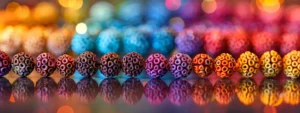 a close-up shot of colorful rudraksha beads aligned in a row, each corresponding to a different chakra, against a blurred background.