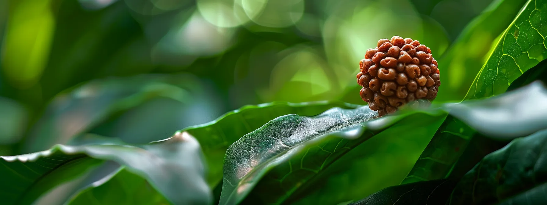 a close-up photo capturing the intricate texture and unique patterns of a sacred rudraksha bead against a blurred background of lush green leaves, symbolizing divine energy and spiritual growth.