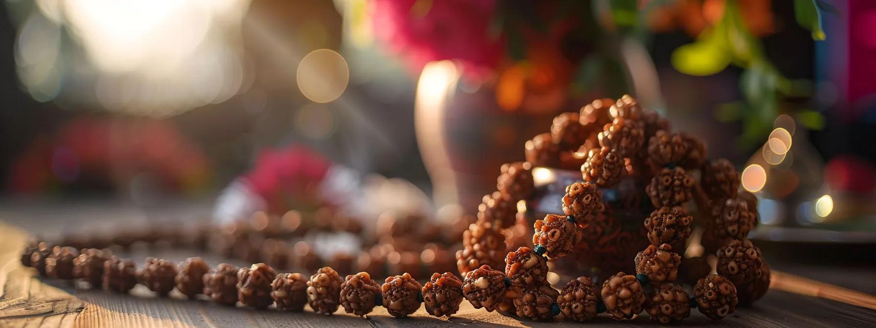 a close-up photo of a handcrafted rudraksha mala bead necklace, showcasing its natural beauty and cultural significance.