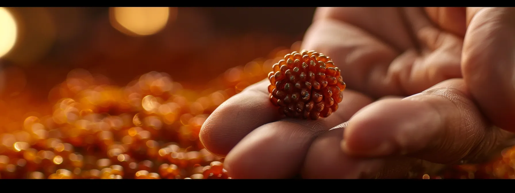 a close-up photo of a shimmering rudraksha bead being gently cleaned and inspected for authenticity, symbolizing spiritual connection and reverence.