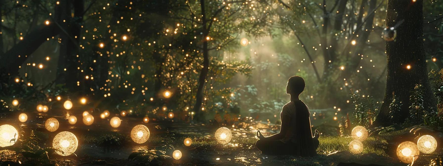 a figure meditating in a mystical forest surrounded by shimmering, floating orbs of light.