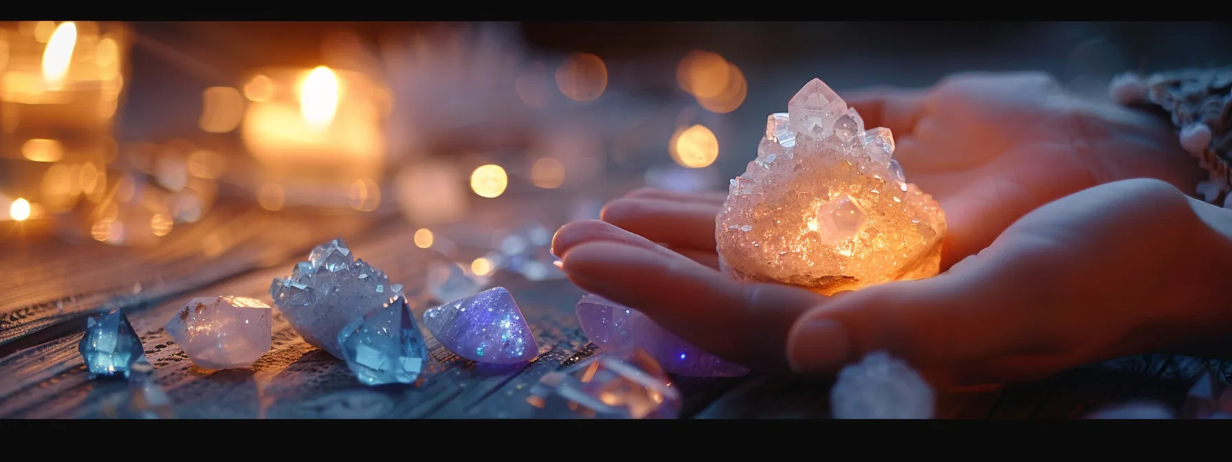 a hand holding a sparkling crystal over a glowing flame, surrounded by other crystals on a wooden table under soft candlelight.