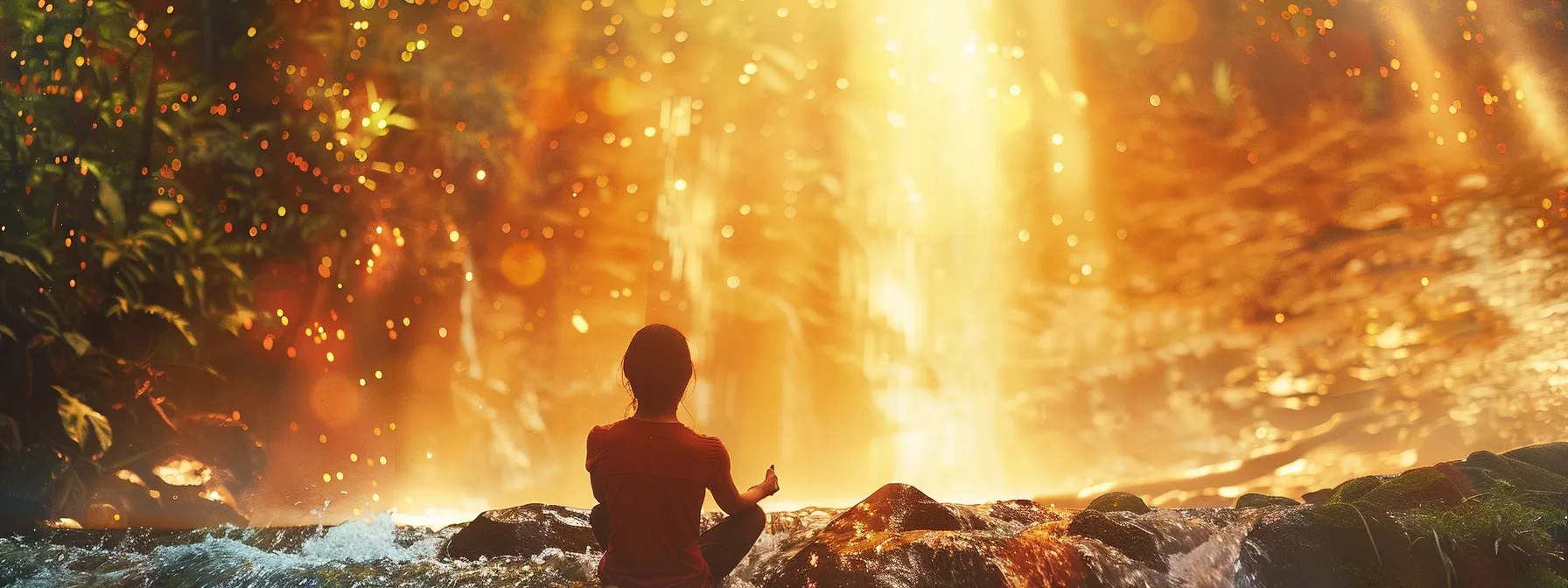 a person calmly meditating in a serene natural setting, surrounded by vibrant energy flowing upwards, symbolizing the kundalini awakening experience.