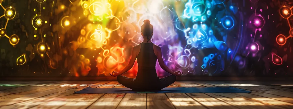 a person practicing yoga surrounded by vibrant chakra symbols, creating a harmonious and spiritual environment.