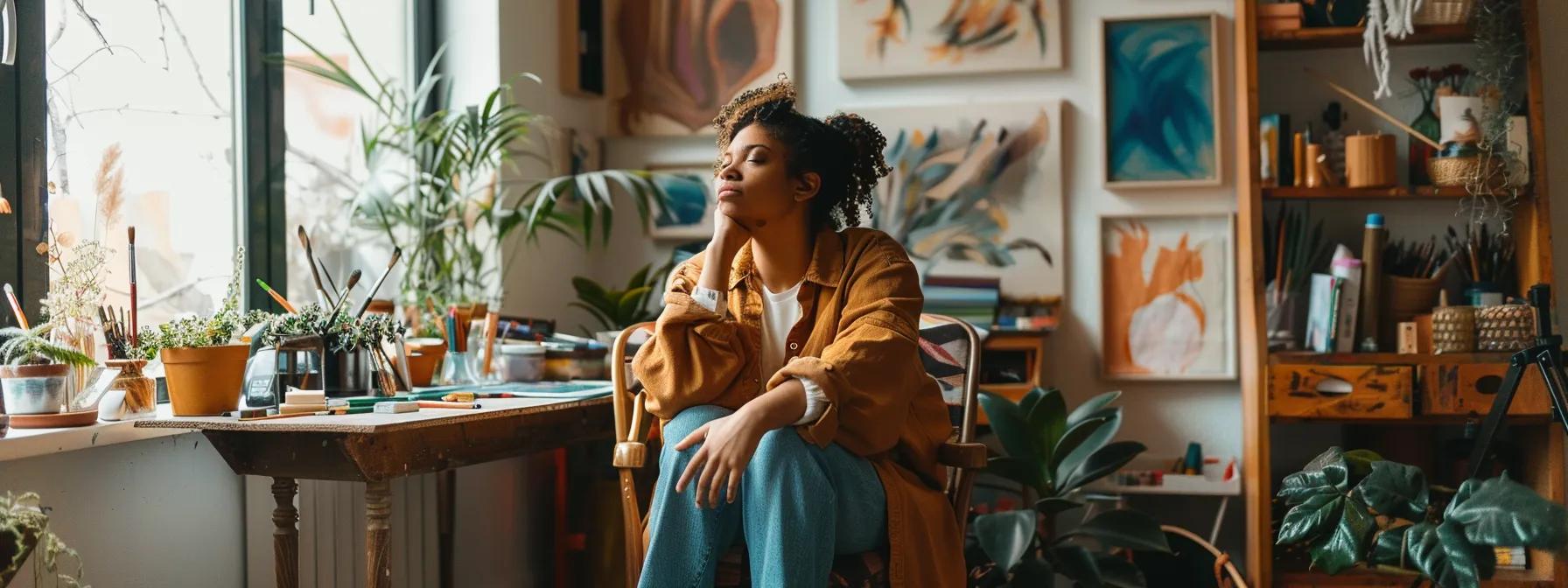 a person sitting in a tranquil room, surrounded by art supplies, deep in thought, with a serene expression on their face, embodying the connection between mindfulness and creativity.