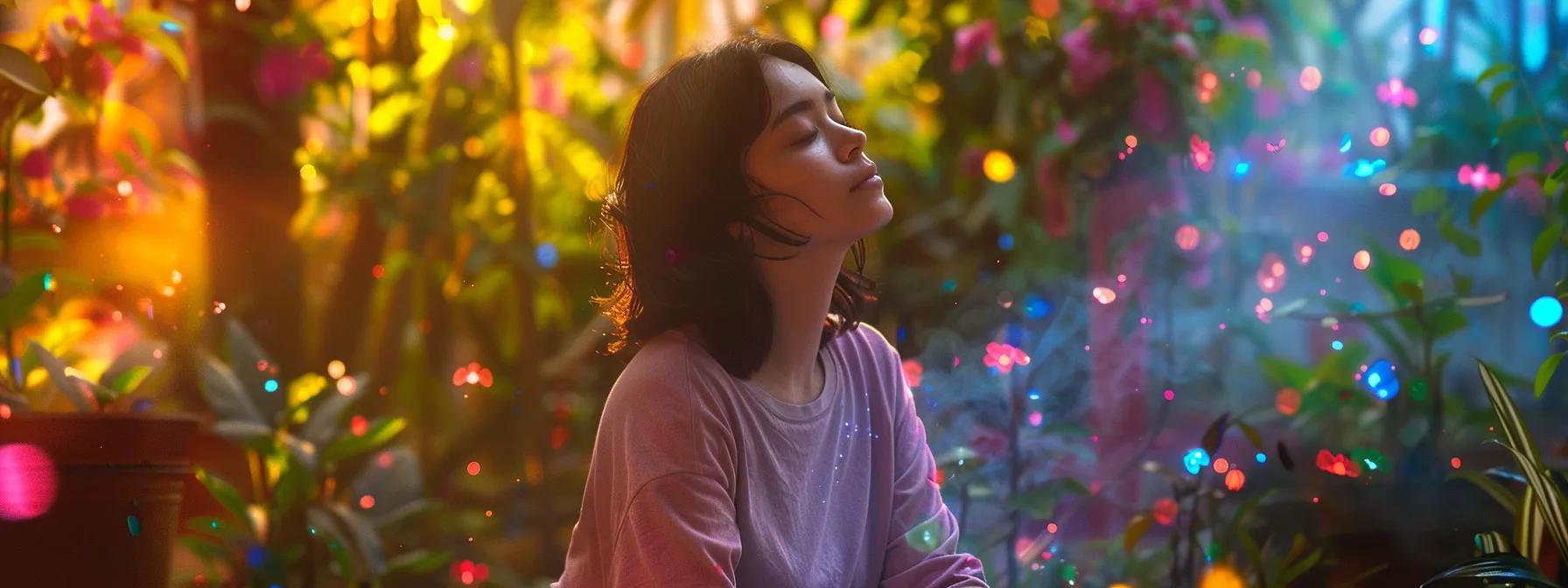 a person sitting peacefully in a serene garden, eyes closed, surrounded by colorful visualizations and melodious music playing in the background.