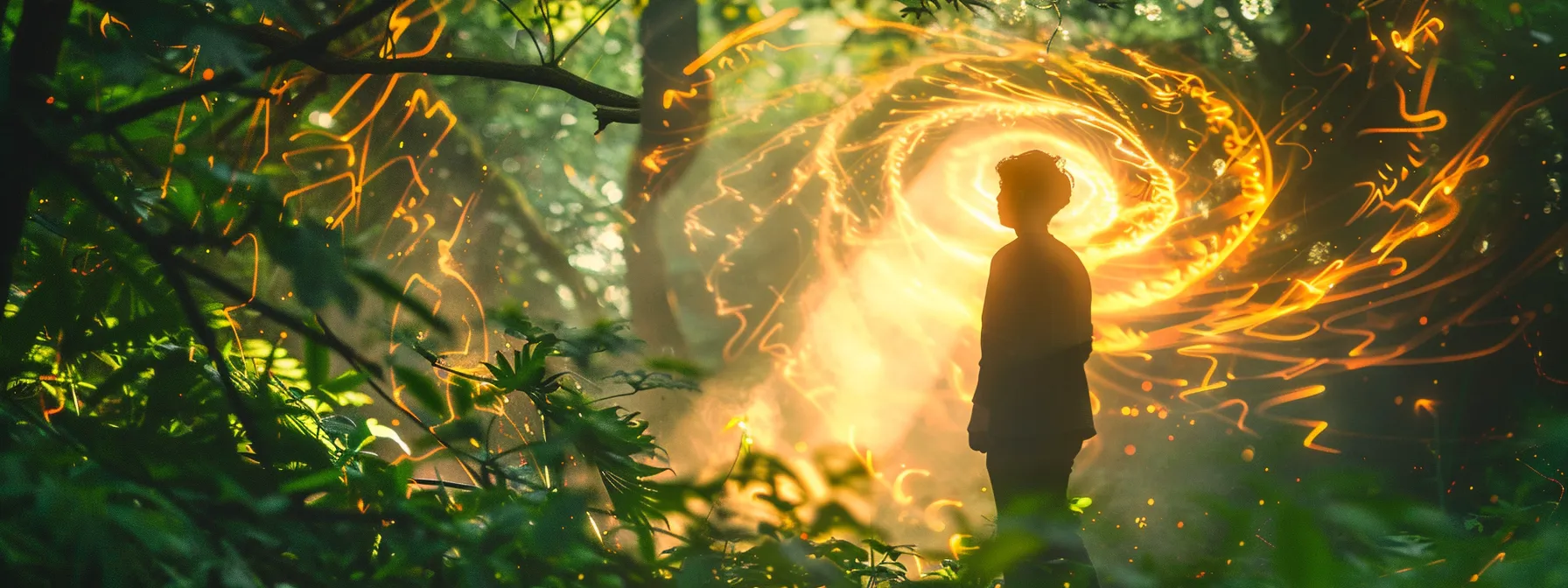 a person standing in a serene forest, surrounded by vibrant energy spiraling upwards like a coiled serpent, symbolizing the kundalini awakening process.