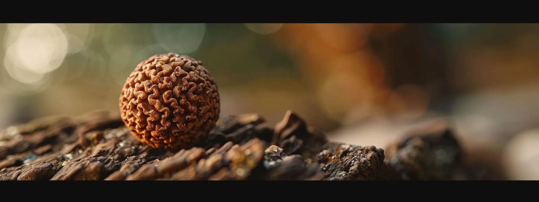 a serene close-up of a single authentic rudraksha bead, showcasing its intricate texture and spiritual essence.