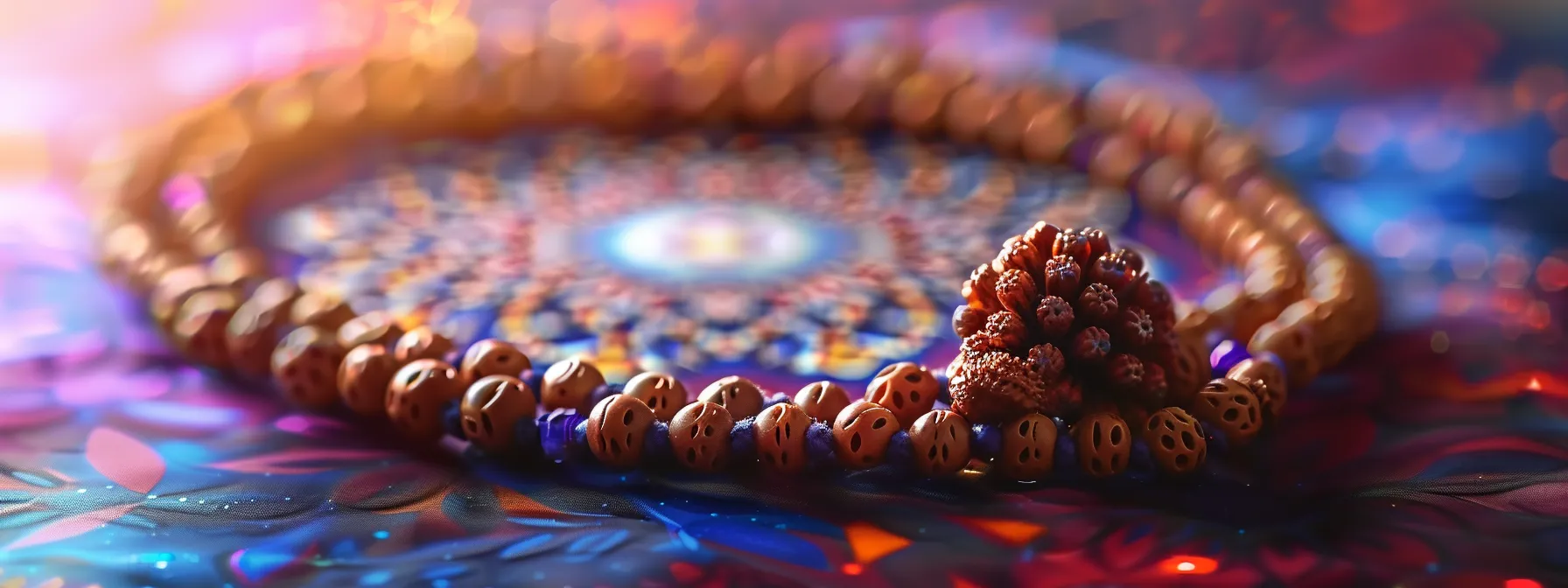 a serene close-up photo of a rudraksha bead necklace resting on a vibrant chakra chart, symbolizing the connection between the beads and chakra alignment.