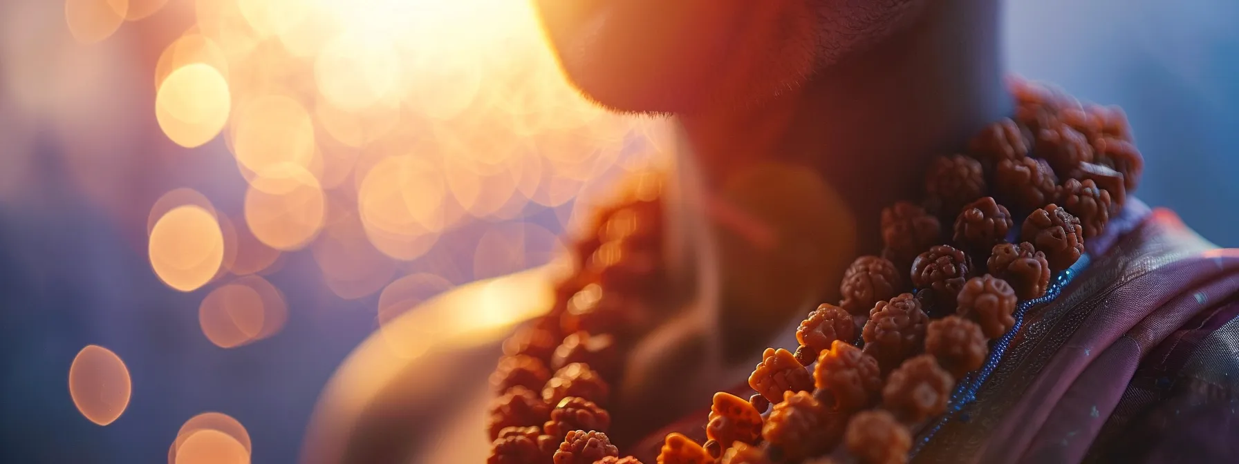 a serene close-up of a person wearing a string of vibrant rudraksha beads, surrounded by a glowing aura, symbolizing spiritual transformation and energy balancing.