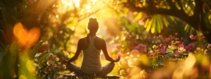 a serene figure bathed in golden light, striking a powerful yoga pose amid a lush, colorful garden.