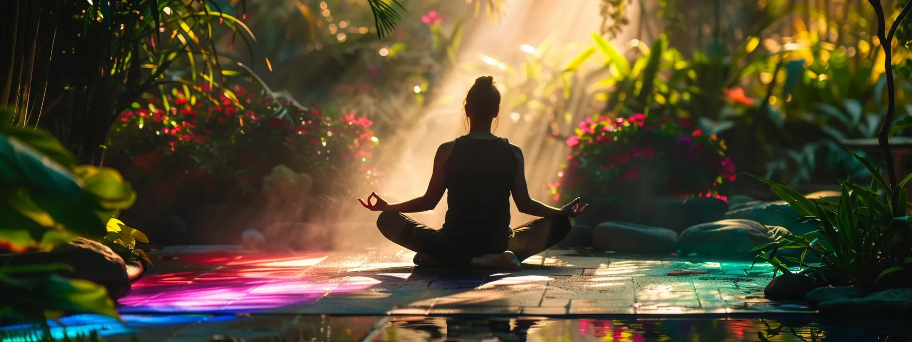 a serene figure meditating in a lush garden, surrounded by vibrant colors representing each chakra, with a gentle breeze carrying the whispers of guidance and support.