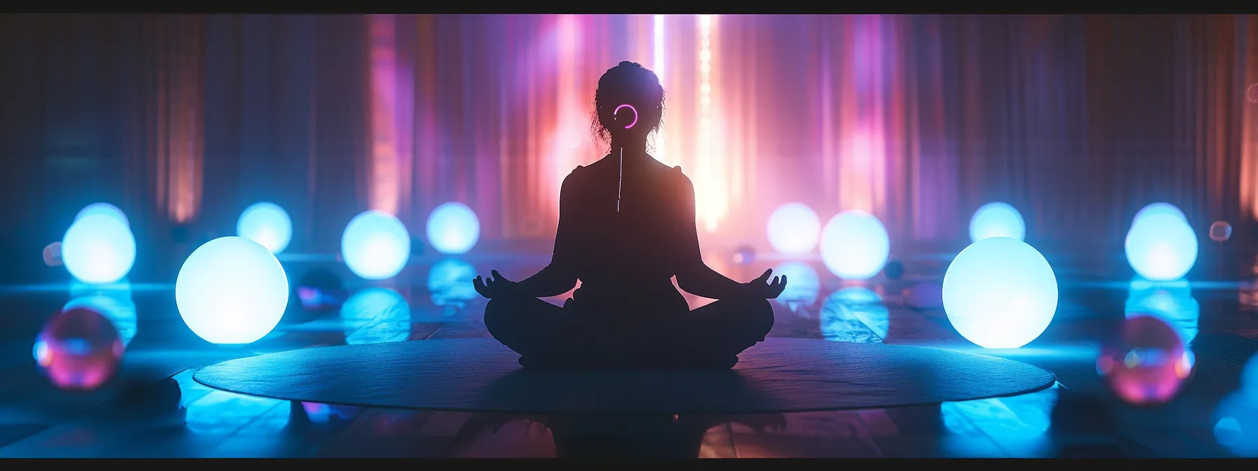 a serene figure surrounded by glowing, colorful energy orbs, deep in meditative concentration for chakra balancing.