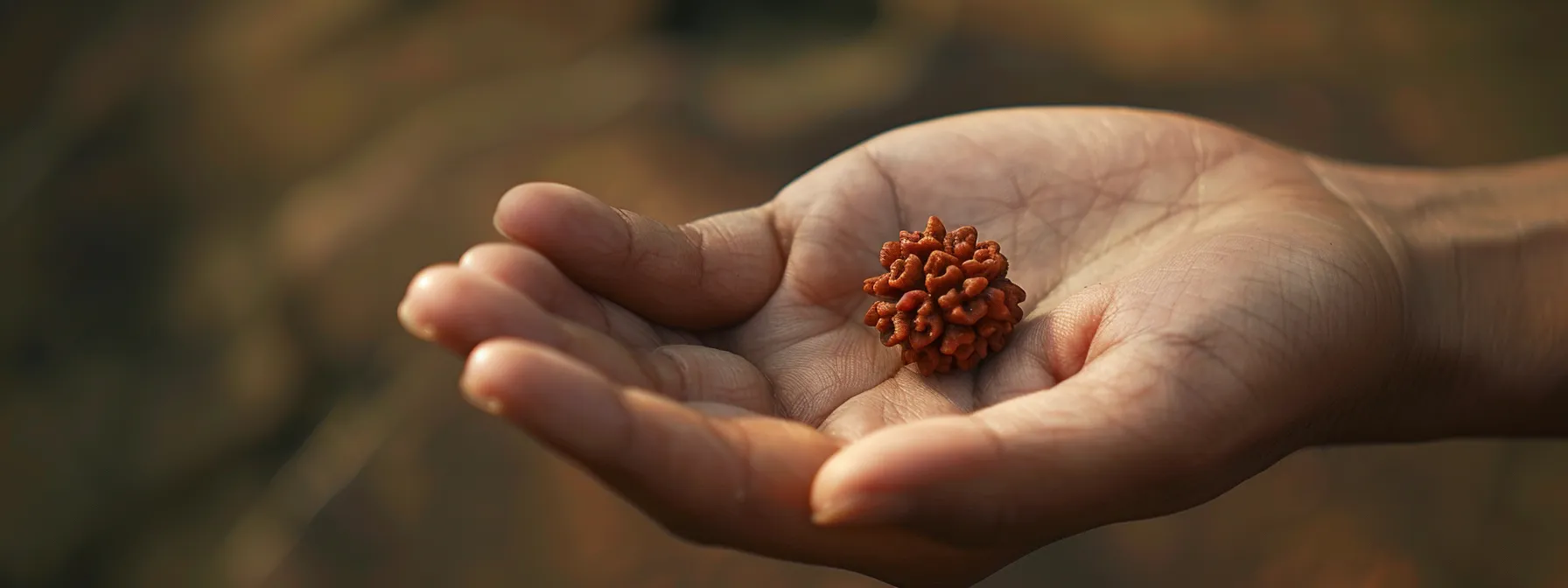 a serene hand holding a vibrant, multi-faceted rudraksha bead, symbolizing personal growth and spiritual alignment.