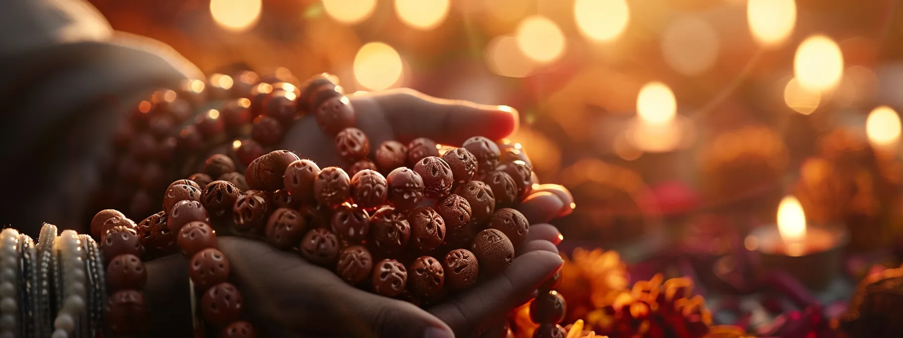 a serene image of individuals wearing rudraksha beads, radiating a sense of inner peace and spiritual growth.