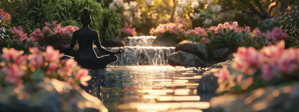 a serene individual meditating in a peaceful garden surrounded by blooming flowers and softly flowing water.