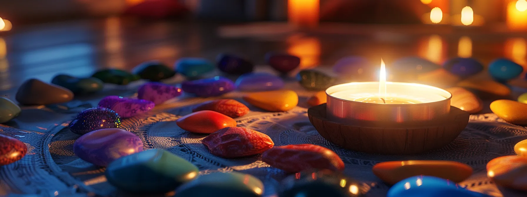 a serene meditation space with colorful chakra stones arranged around a glowing candle, creating a harmonious and peaceful energy.