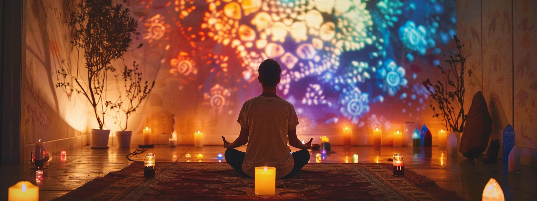 a serene moment captured as a person meditates in front of a glowing chakra chart, surrounded by candles and crystals, embodying spiritual growth and balance.