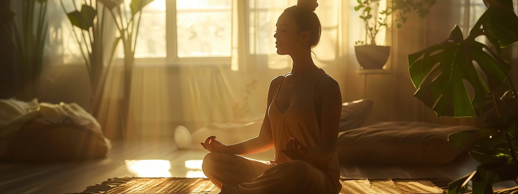 a serene practitioner meditating in a peaceful, sunlit room surrounded by gentle sound vibrations and healing energy.