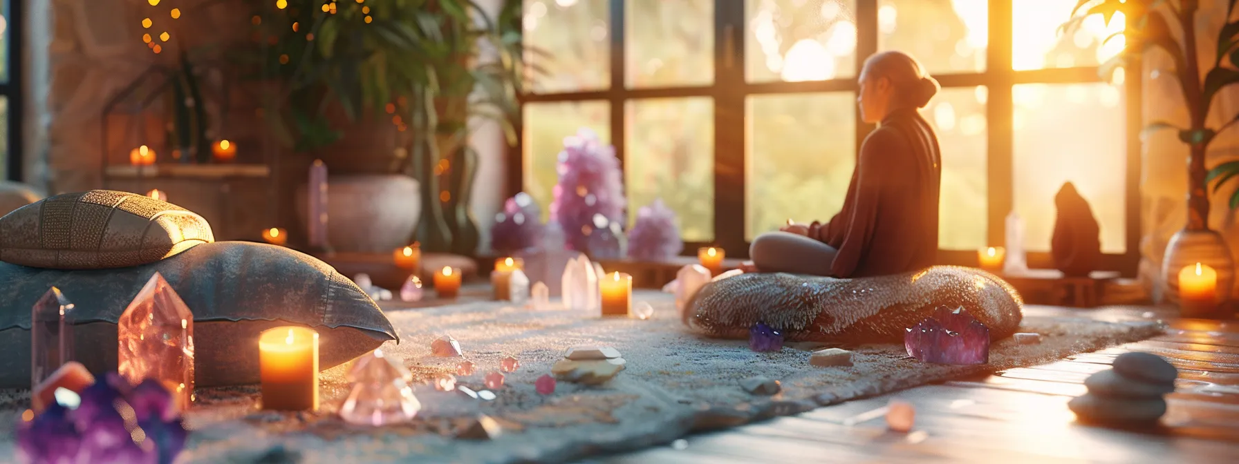 a serene room with soft cushions and flickering candles, a person sitting cross-legged with closed eyes, surrounded by colorful crystals and soothing music, ready for a guided chakra balancing meditation.