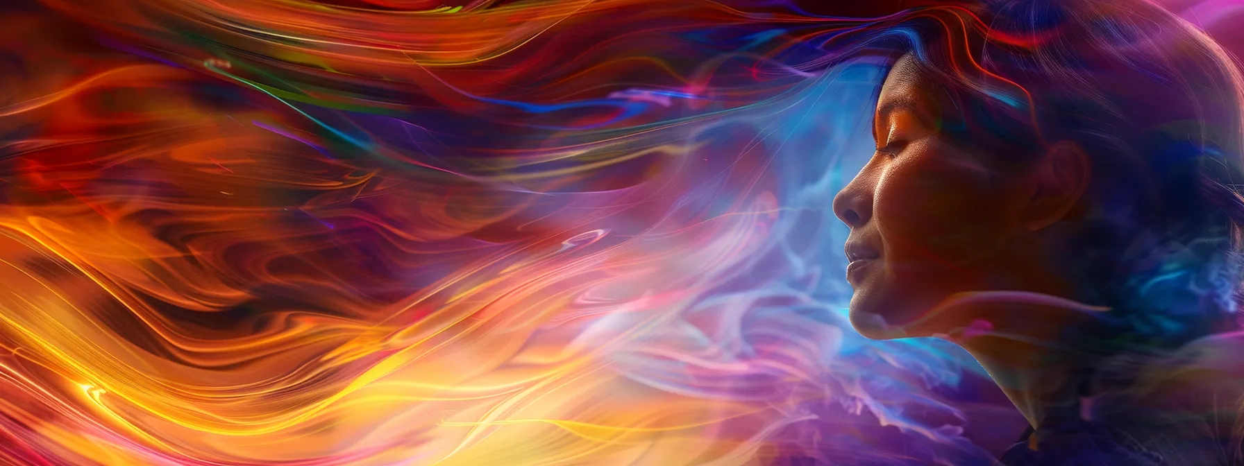 a serene woman surrounded by vibrant, swirling colors representing the interconnectedness between chakras and emotional well-being.