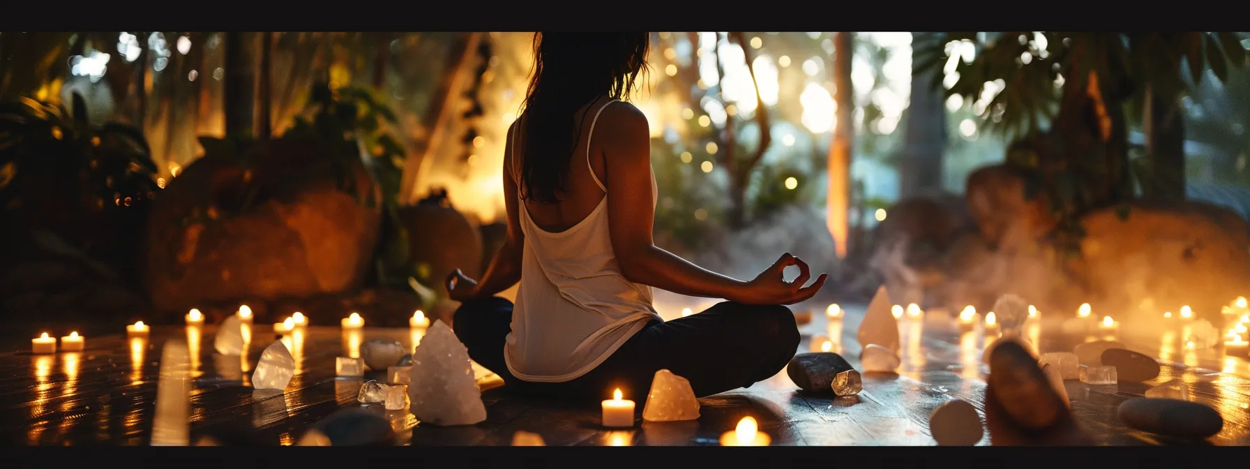 a serene yoga practitioner surrounded by crystals and essential oils, balancing their chakras in a peaceful setting.