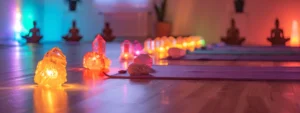 a serene yoga studio filled with soft, colorful lights illuminating a row of balanced chakra crystals.