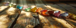 a tranquil image of colorful gemstones arranged in a sunbeam on a rustic wooden table, radiating positive energy and spiritual healing.