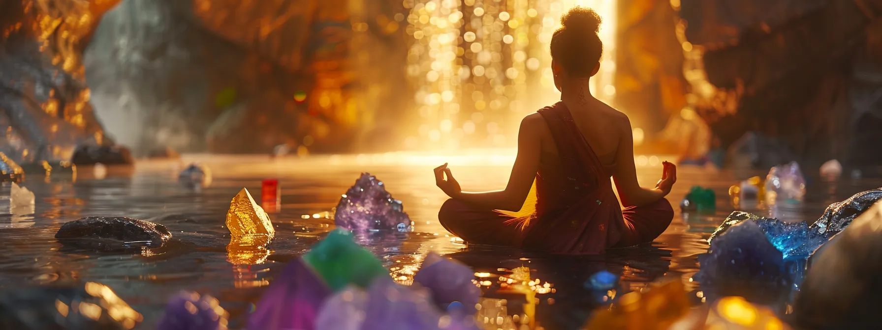 a tranquil setting with a person meditating surrounded by colorful crystals and stones for chakra alignment.