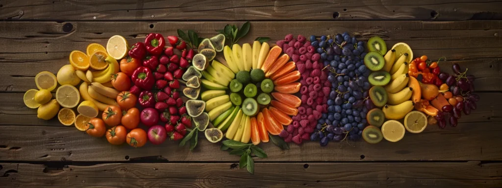 a vibrant, colorful array of fresh fruits and vegetables arranged in the shape of a chakra symbol on a wooden table.