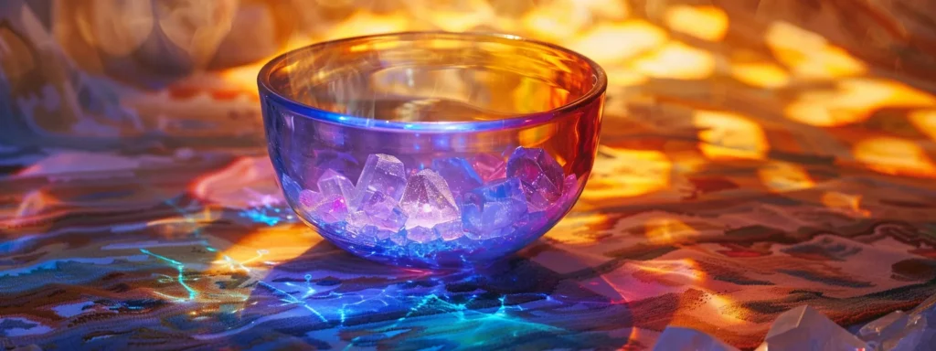 a vibrant crystal singing bowl emitting rainbow-colored vibrations surrounded by glowing energy, creating a serene atmosphere for chakra alignment through sound healing.