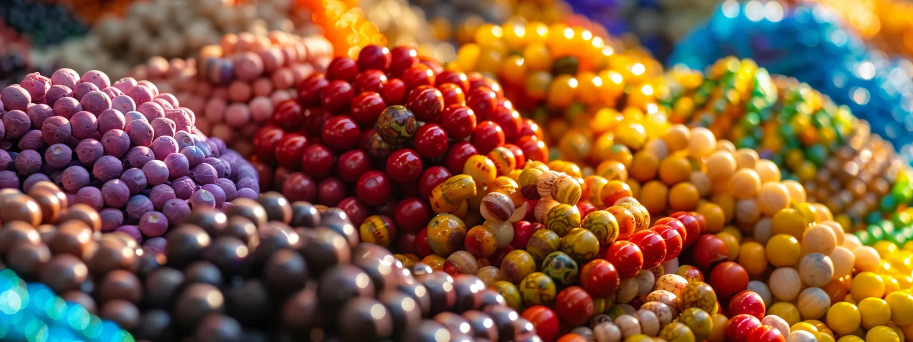 a vibrant display of various types of colorful rudraksha beads, each shining with unique energy, aligned with specific chakras for spiritual enhancement.