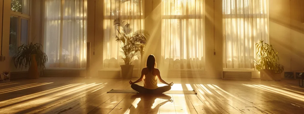 a woman in a serene yoga studio, bathed in golden light, gracefully flowing through a series of kundalini yoga poses.