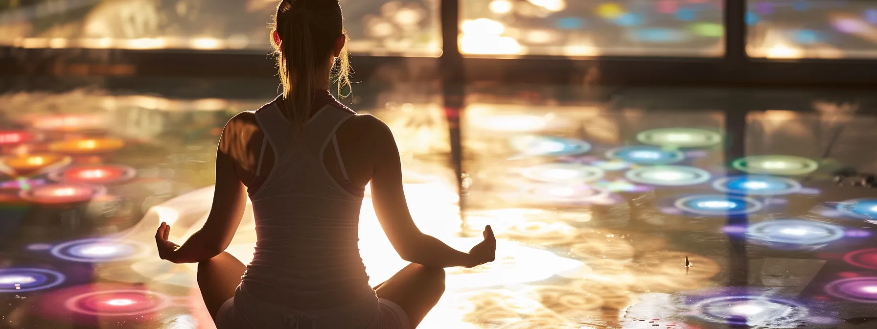 a woman meditating in a serene setting, surrounded by colorful chakra symbols and practicing kundalini yoga techniques for balance.