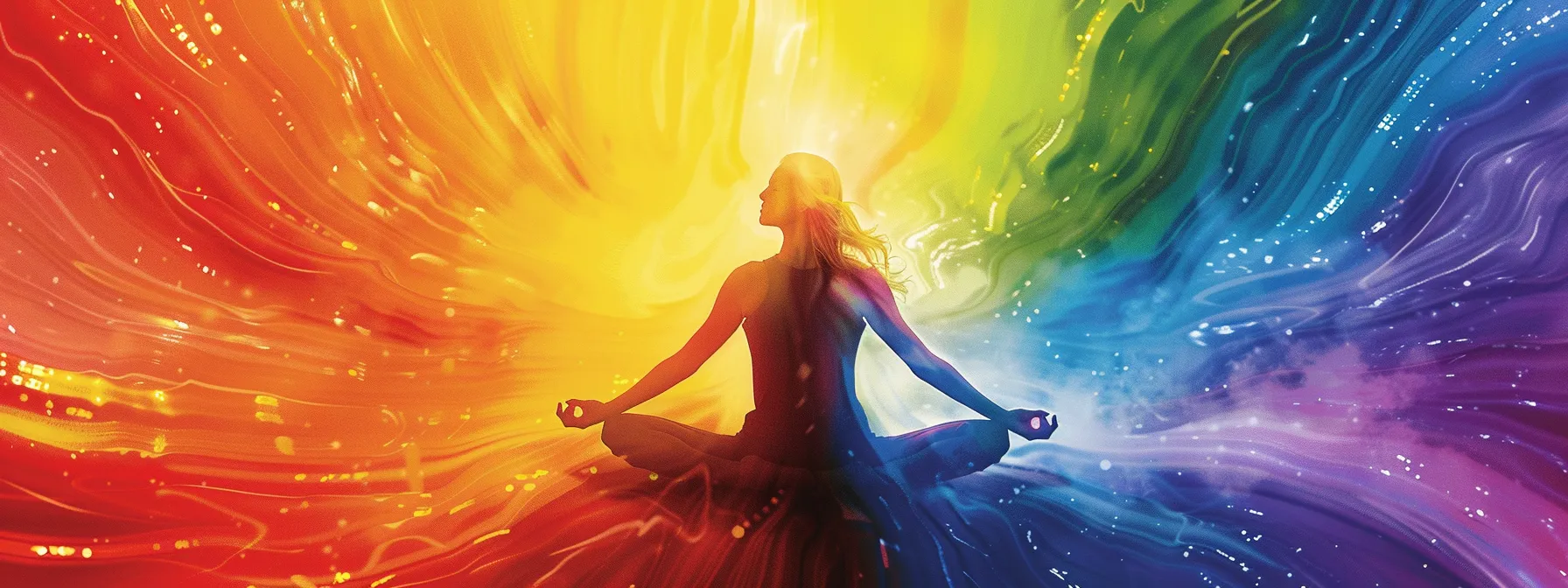 vibrant energy radiating from a person in a deep yoga pose, surrounded by a rainbow of swirling colors representing balanced chakras.