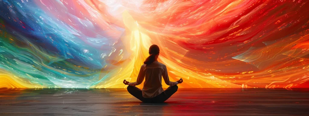 vibrant rays of colorful chakra energy swirling around a person in a peaceful meditation pose.