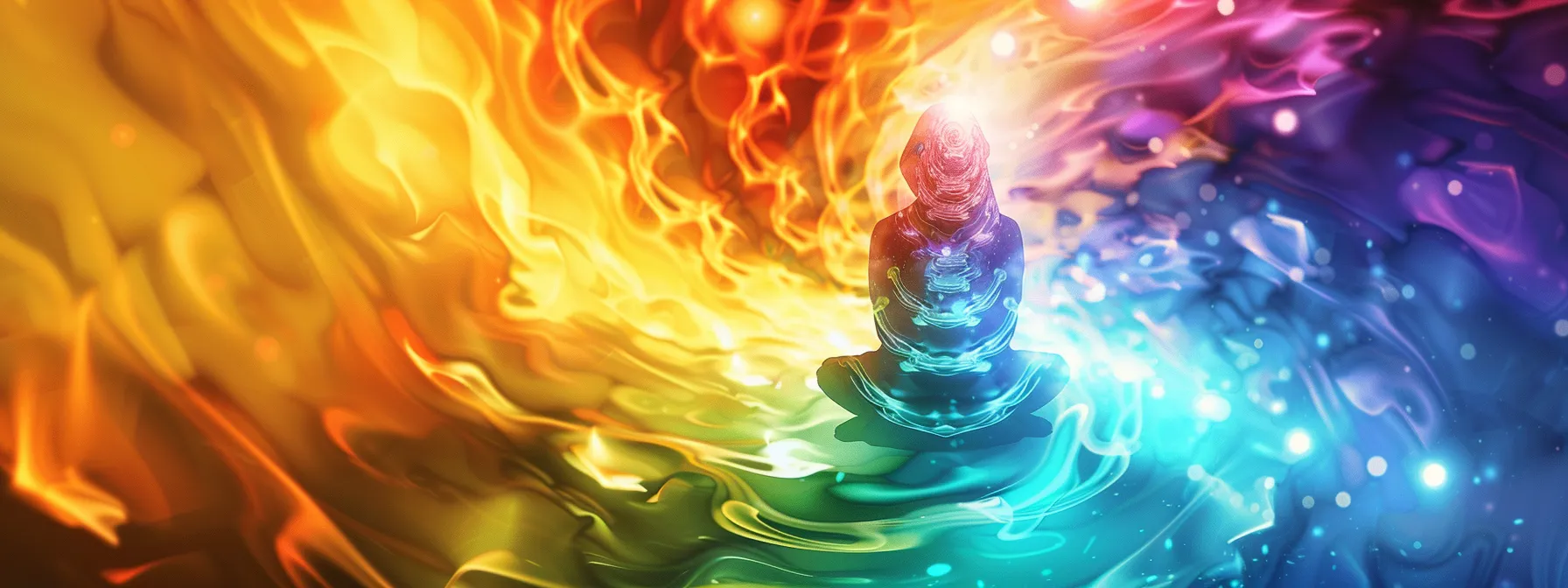 vibrant, swirling colors radiate from the seven main chakras of a person's body, illuminating their energy centers and creating a harmonious aura of balance and well-being.