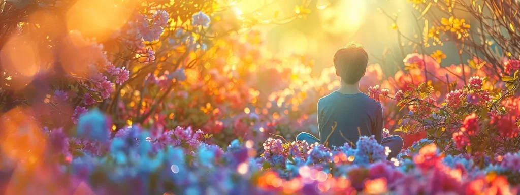 vibrant, swirling colors radiate from a person meditating in a peaceful garden, surrounded by blooming flowers and gentle sunlight.