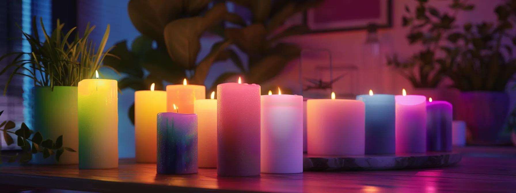 vividly colored candles flicker softly in a dimly lit room, creating a serene atmosphere for mindful candle flame meditation.