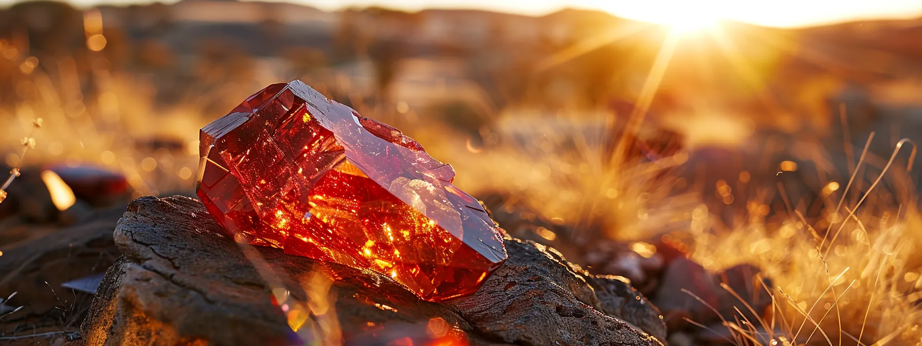 vivid red australian garnet gemstones shimmering in the sunlight against a backdrop of rugged outback landscapes.