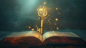 a luminous key hovering above an open, glowing book symbolizes the unlocking of potential with the power of the subconscious mind, set against a dreamy, ethereal backdrop.