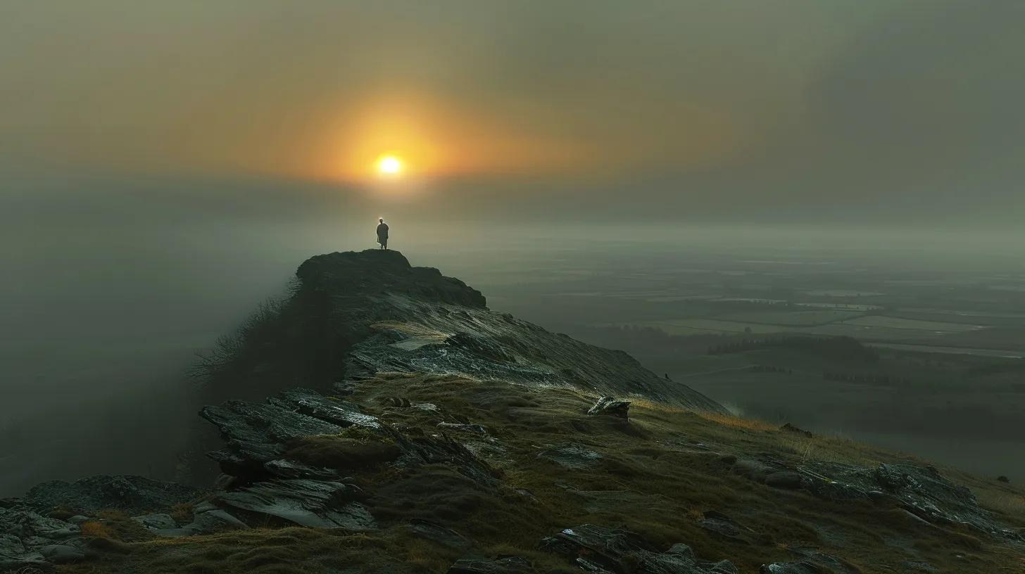 a serene landscape at dawn, showcasing a solitary figure standing atop a mountain, gazing toward a horizon awash in golden light, symbolizing the triumph over mental barriers and the journey toward personal transformation.