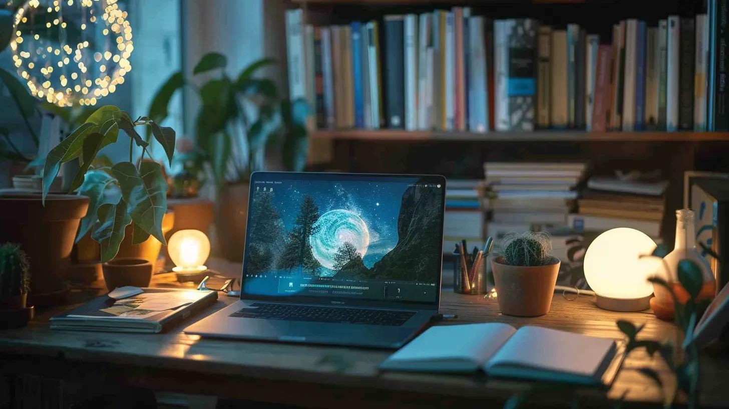 a serene workspace illuminated by soft natural light showcases an open laptop displaying visualization apps, surrounded by inspiring books on mental imagery, symbolizing a journey toward personal and professional growth.