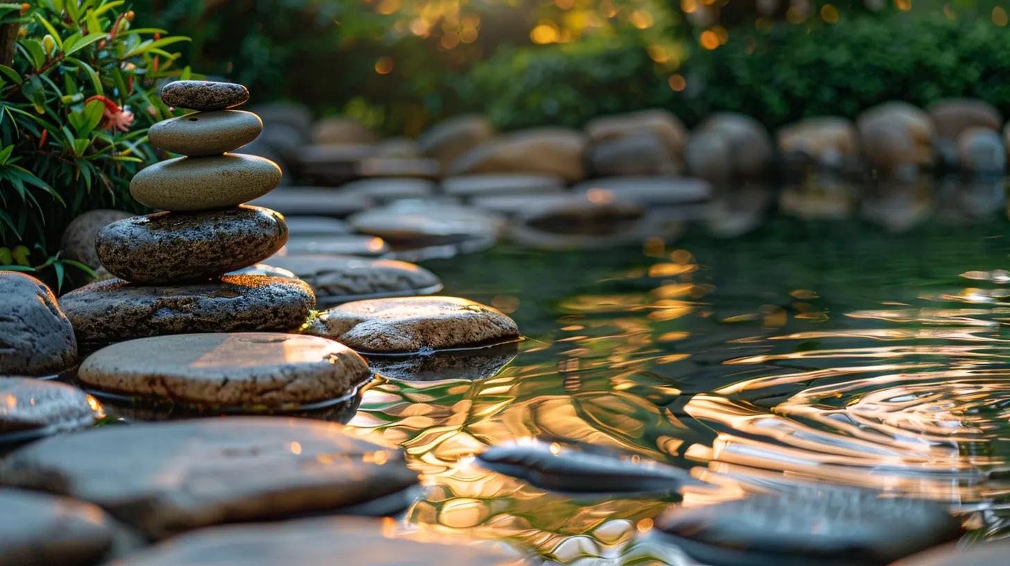 a tranquil zen garden at sunrise, with smooth pebbles arranged mindfully around a serene pool of water, symbolizing the transformative essence of mindfulness meditation.