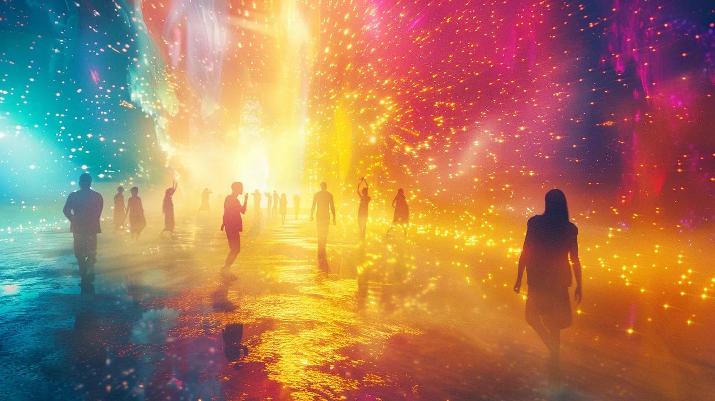 a vibrant scene captures a diverse group of individuals engaged in various activities, each surrounded by ethereal, colorful wisps of mental imagery symbolizing their aspirations and creative visions, all illuminated by warm, inspiring sunlight.