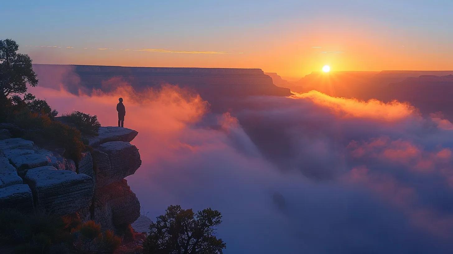 a serene landscape at dawn symbolizes personal growth, with a lone figure standing at the edge of a misty cliff, gazing towards a vibrant sunrise, embodying the journey of overcoming mental barriers and embracing transformation.